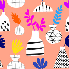 Seamless pattern with hand drawn abstract vases and flowers. Checkered dotted geometrical simple texture. Aesthetic composition in bright colors. Collection of ceramic vases and branches.