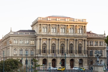 Fototapeta premium Hungarian Parliament building in the city of Budapest. Budapest at sunrise with clear blue sky. A sample of neo-gothic architecture, Budapest tourist attraction