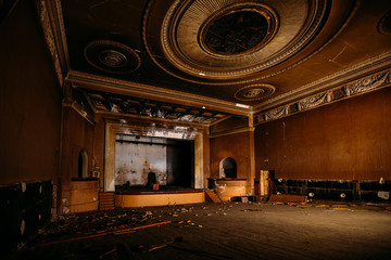 Old burnt creepy abandoned ruined haunted theater