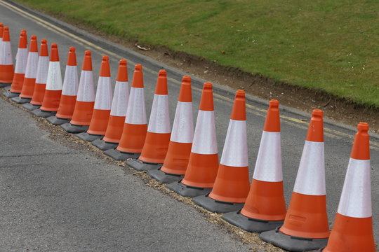 Line Of Traffic Clean White And Orange Cones 