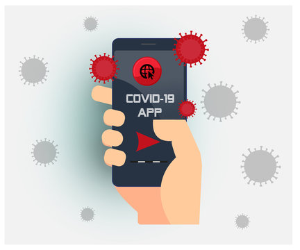 technology and corona virus. He says covid-19 App on his mobile phone. Smartphone and coronavirus. Coronavirus smartphone aplication .
