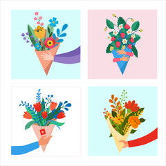 Set of flower bouquets gift in wrapping and blooming plant with arm. Decorative florist shop item on background