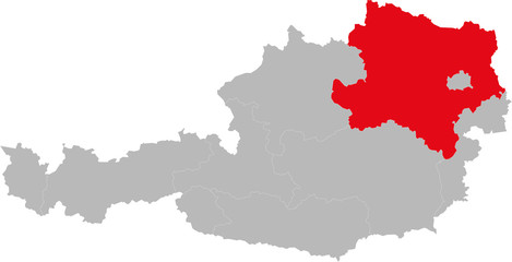 Lower Austria province highlighted on Austria map. Light gray background.