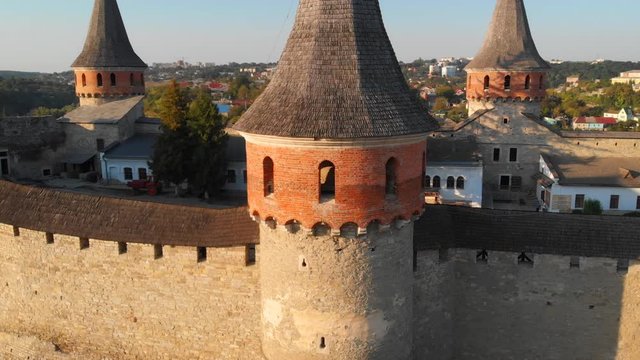 Red Brick Turret of Kamianets Podilskyi Castle in Closeup