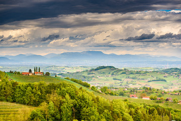 Fototapeta premium Austria vineyards landscape. View from Kitzeck village in direction of Graz.