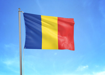 Romania flag waving sky background 3D illustration