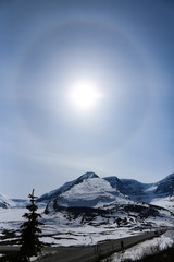 Solar halo phenomenon in Canadian rockies along Icefields Parkway in Banff National Park, Canada