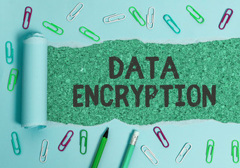 Writing note showing Data Encryption. Business concept for Symmetrickey algorithm for the...