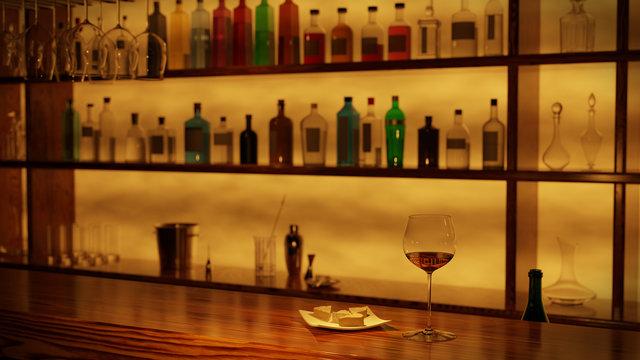 A glass of white wine and a cheese plate placed on a wooden bar counter. 3D rendering.