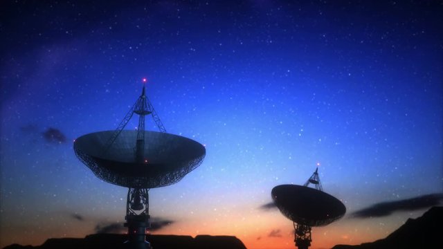 Time lapse animation of a giant satellite dish antenna moving to capture radio signals. Concept of communication, information and scientific research.