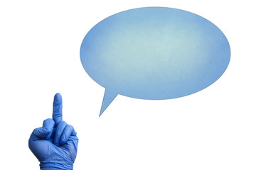 Hand in medical glove shows middle finger gesture on a white background with mocap to place text,...
