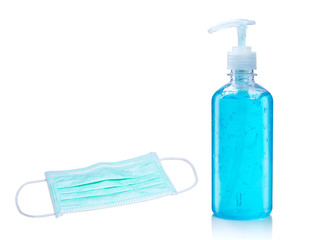Hygienic face mask and Alcohol gel Sanitizer hand gel cleaners for anti Bacteria and virus on White Background, People using alcohol gel to wash hands to prevent COVID-19 virus