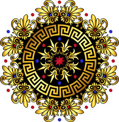 Traditional vintage gold and red circle Greek ornament and floral pattern on white background