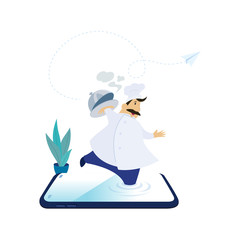 Chef pop out of smartphone and serving food.