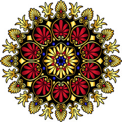 Traditional vintage gold and red circle Greek ornament and floral pattern on white background