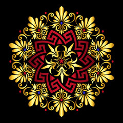 Traditional vintage gold and red circle Greek ornament and floral pattern on black background