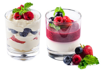 set of desserts with fresh fruits in a glass
