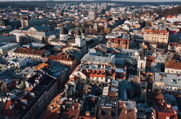 View of the old city from above, from the observation tower of the town hall. Lviv, Ukraine, winter panorama.