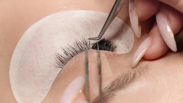 Eyelashes extensions. Fake eyelashes. Eyelash extension procedure.Close up portrait of woman eye with long eyelashes. Professional stylist lengthening female lashes. Master and client in beauty salon.