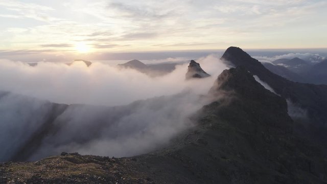 Aerial shot of Sgurr nan Gillean in Cuillins in Scotland during sunrise