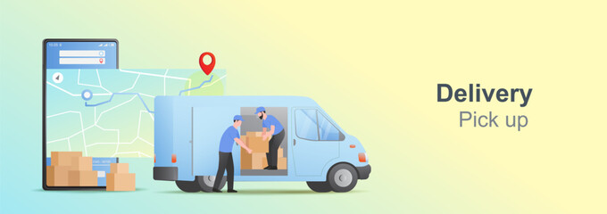 Mobile online pickup and delivery concept. Online order tracking on mobile. Delivery package with van. E-commerce Vector illustration