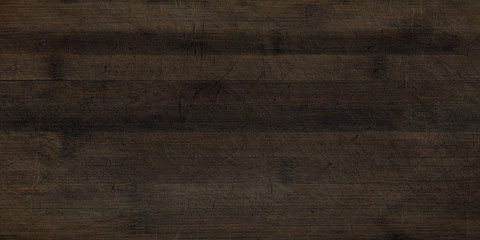 High resolution old wooden texture and background. Brown old oak wood table surface with knots and scratches. Wide and long dark wooden background for serving food.