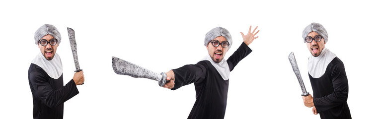 Man wearing nun costume isolated on white