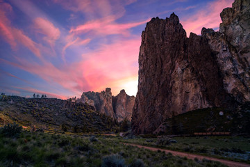 Fototapeta na wymiar An overhead panoramic view of Rock Smith State Park at sunset under a twilight sky near Bend, Oregon, USA.