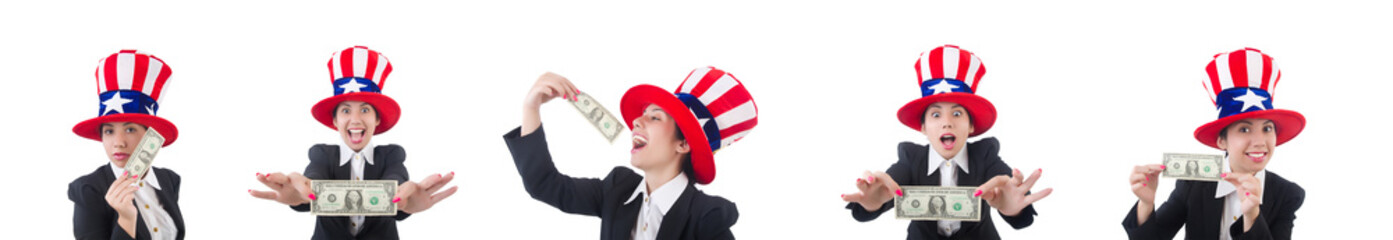 Young woman with dollar and usa hat
