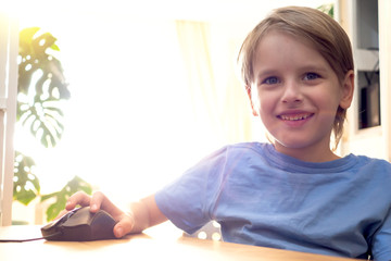 Distance learning online education and work. Child study remotely from home on the couch. Boy hands...