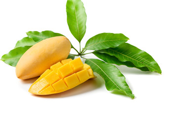 Delicious slide ripe yellow mango with green leaf isolated on white
