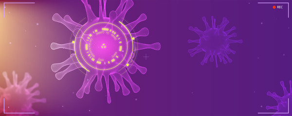 Close up view of virus cells research. HUD screen. Coronavirus 2019-nCoV dangerous RNA virus. View of bacteria under microscope. Vector banner for websites header. Pandemia of virus Covid 19-NCP