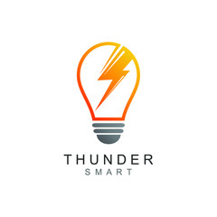 Thunder in bulb lamp logo design