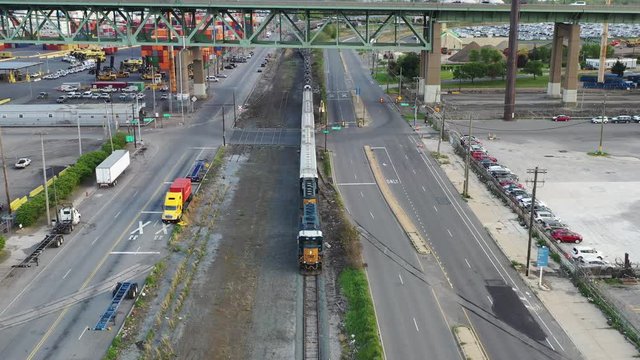 Aerial View of Oil Tanker Train Moving through Industrial area of Philadelphia Pennsylvania 