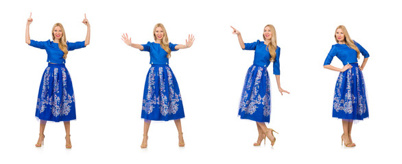 Fototapeta premium Woman in blue dress with flower prints isolated on white