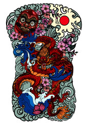 hand drawn doll Daruma and Dragon tattoo ,coloring book japanese style.Japanese old dragon for tattoo. Lucky animal for Chinese new year.Illustration of Traditional chinese Dragon