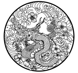 Thai naga dragon tattoo.Thai art traditional tattoo design.Naga is King of snake and animal of budhism.Thai Dragon isolate vector, Line Thai is Thailand Style and Tattoo design. - obrazy, fototapety, plakaty