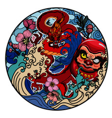 hand drawn doll Daruma and Dragon tattoo ,coloring book japanese style.Japanese old dragon for tattoo. Lucky animal for Chinese new year.Illustration of Traditional chinese Dragon
