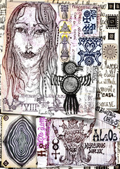 Mysterieuze papieren, tekeningen en alchemistische en astrologische documenten, met postzegels en antieke prenten