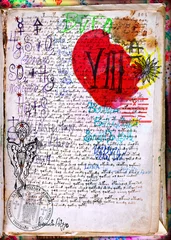 Foto op Plexiglas Fantasie Mysterieuze papieren, tekeningen en alchemistische en astrologische documenten, met postzegels en antieke prenten