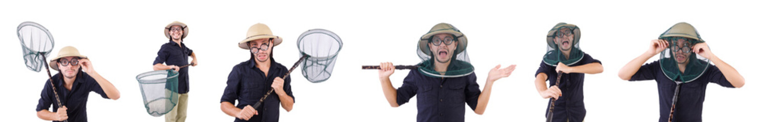 Funny guy with catching net on white © Elnur