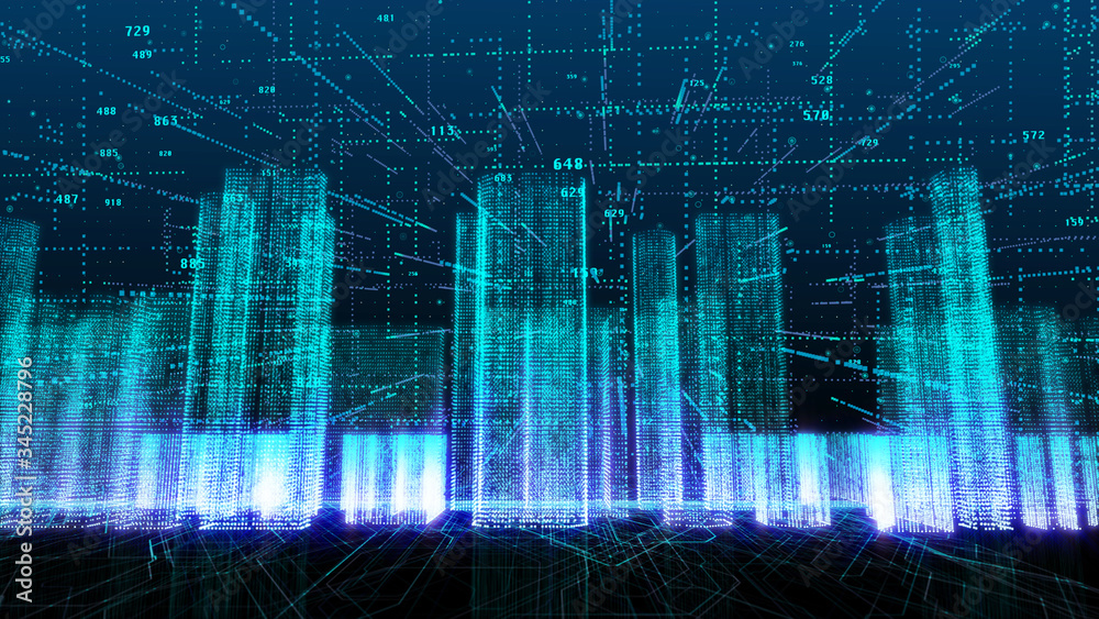 Poster HUD Futuristic Digital Screen Monitor Display Intelligent City Architecture 3D Rendering Illustration Background.