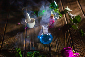Witchcraft. Witch doctor desk table. Magic potion. ALternative medicine concept. Divination, love...