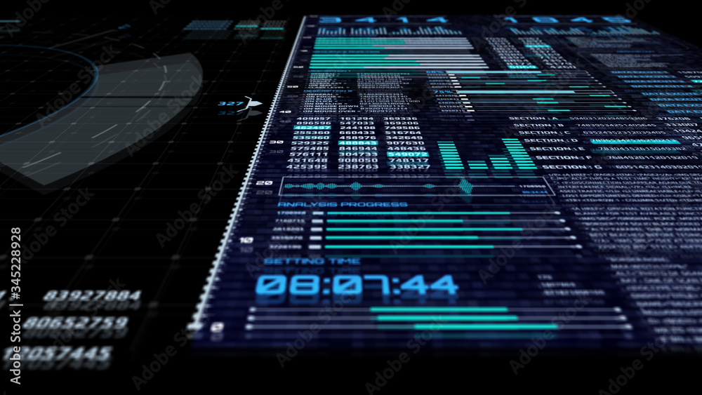 Poster HUD Futuristic Element Statistics Data Reality Technology Screen Display Perspective View Illustration.