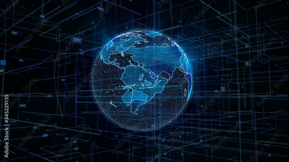 Poster digital space global network futuristic technology illustration. big data business telecommunication