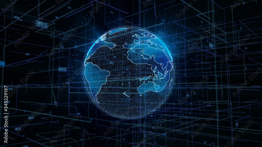Aufkleber Digital Space Global Network Futuristic Technology Illustration. Big Data Business Telecommunication Network Transfer Infographic Background.