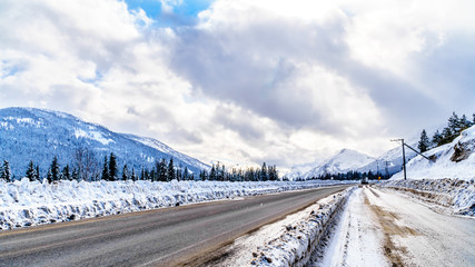 Winter conditions on a good day on the summit of the four lane Coquihalla Highway between Hope and Merritt, as it winds through the Coast Mountains in British Columbia, Canada