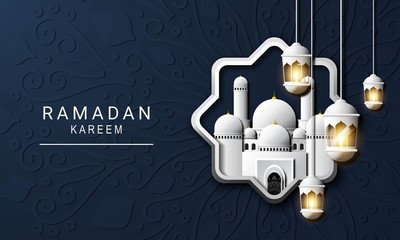 Vector graphic of Ramadan Kareem with White Mosque. Fit for greeting card, wallpaper and other.