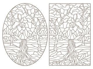 Set contour illustrations of stained glass in the stained glass style with scenery of wild nature, a mountain river , a dark outline on a white background