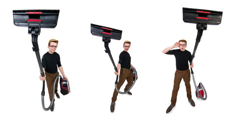 Funny man with vacuum cleaner on white